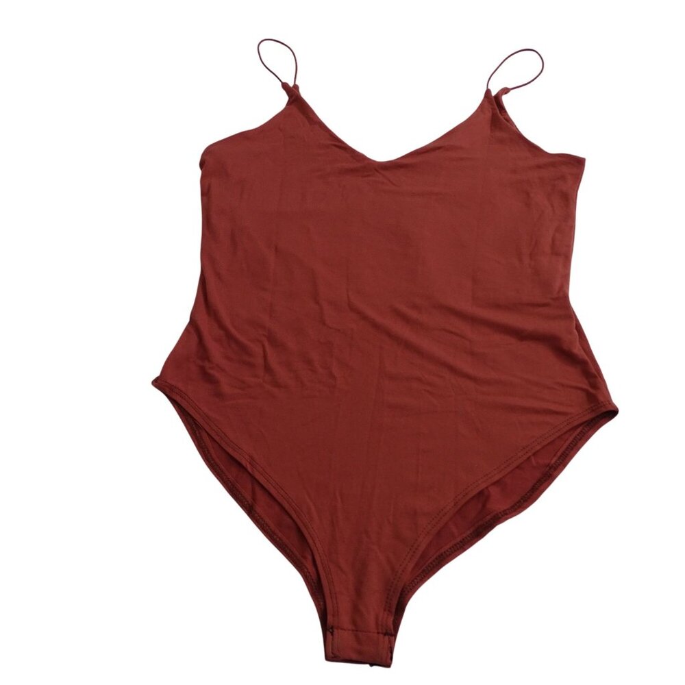 Gaze Rust Red Brown V-neck Bodysuit Women Size M Spaghetti Straps Snap Closure